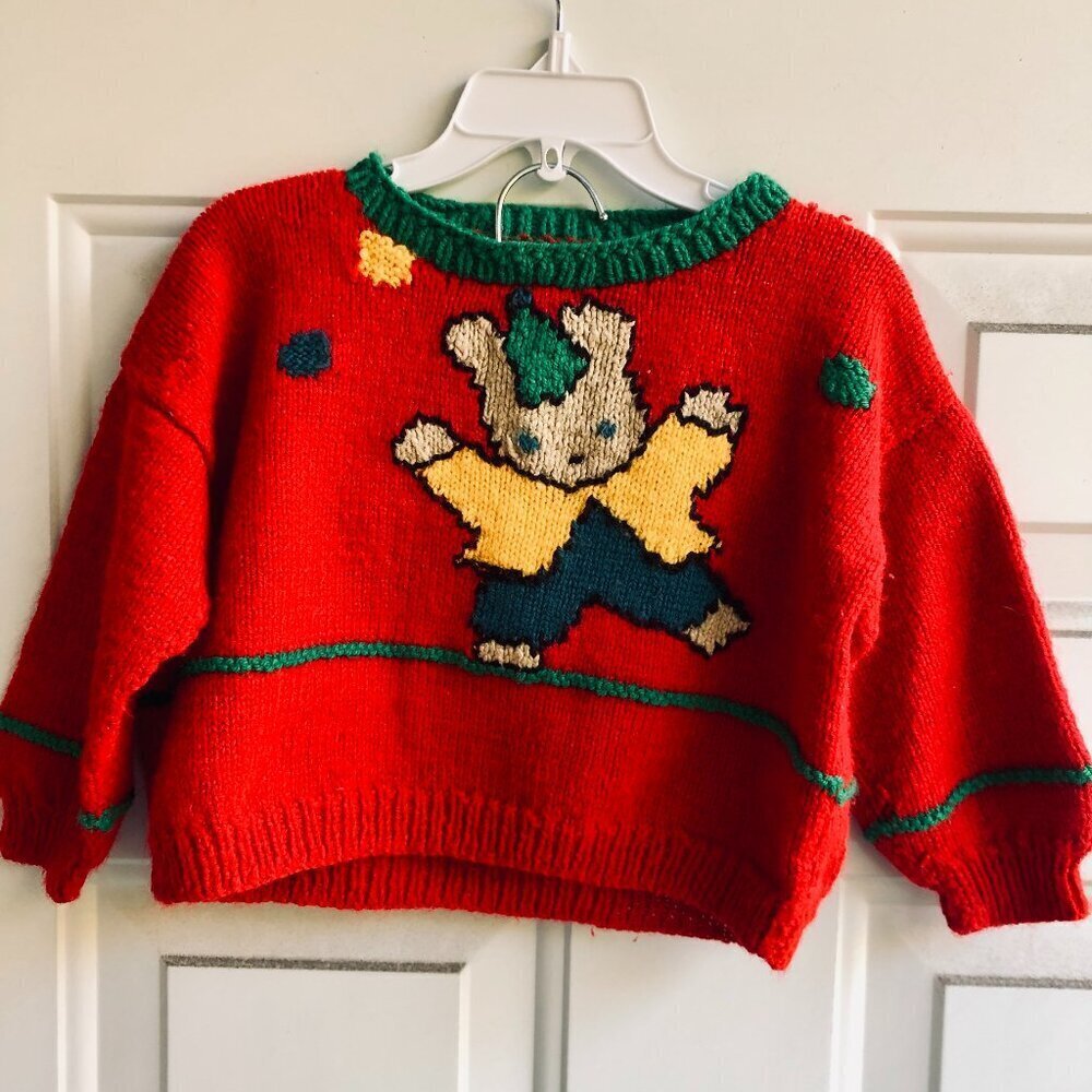 Vintage Hand Knit Baby Sweater Kids 2-3T Toddler Teddy Bear Christmas Boxy Fit